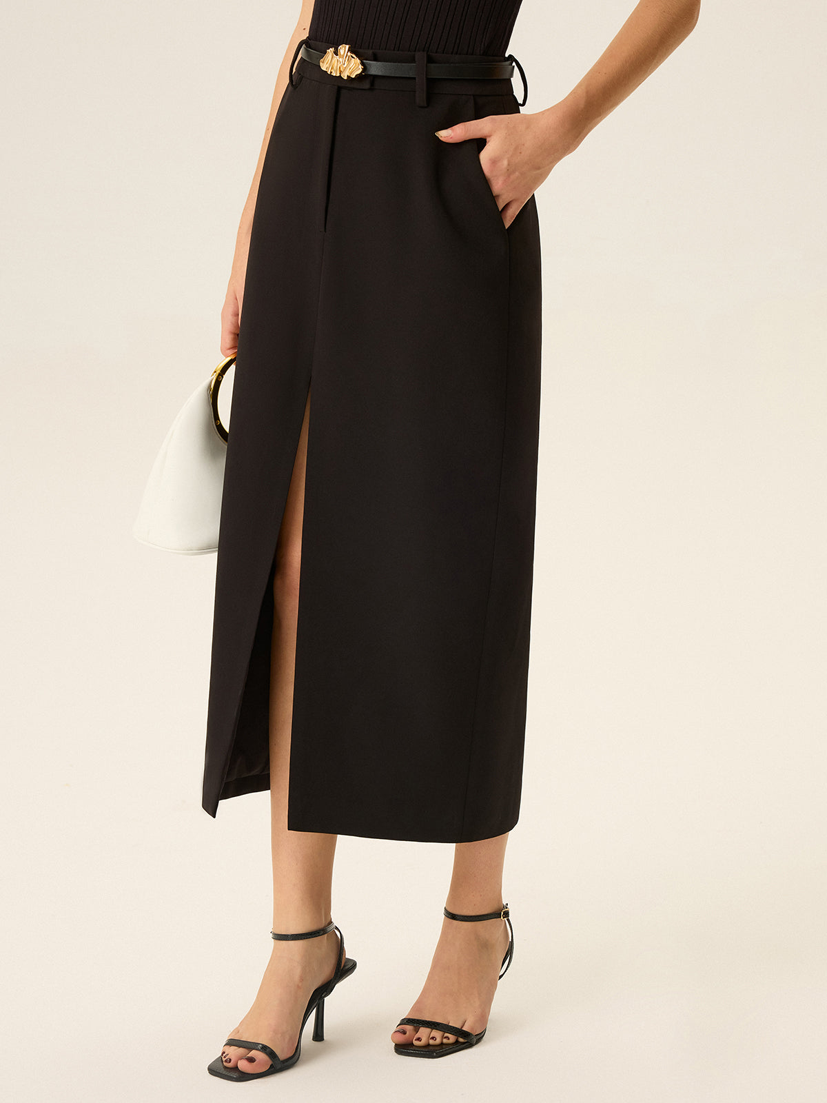 Belted Pocket Slit Midi Skirt