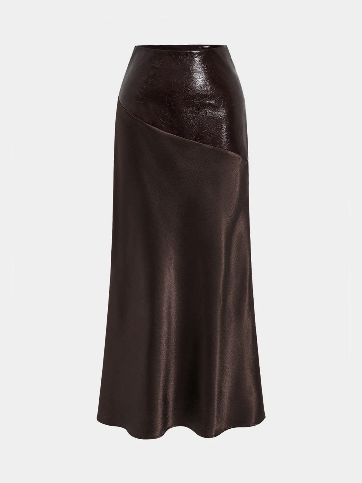 Faux Leather Panel Asymmetric Satin Maxi Skirt