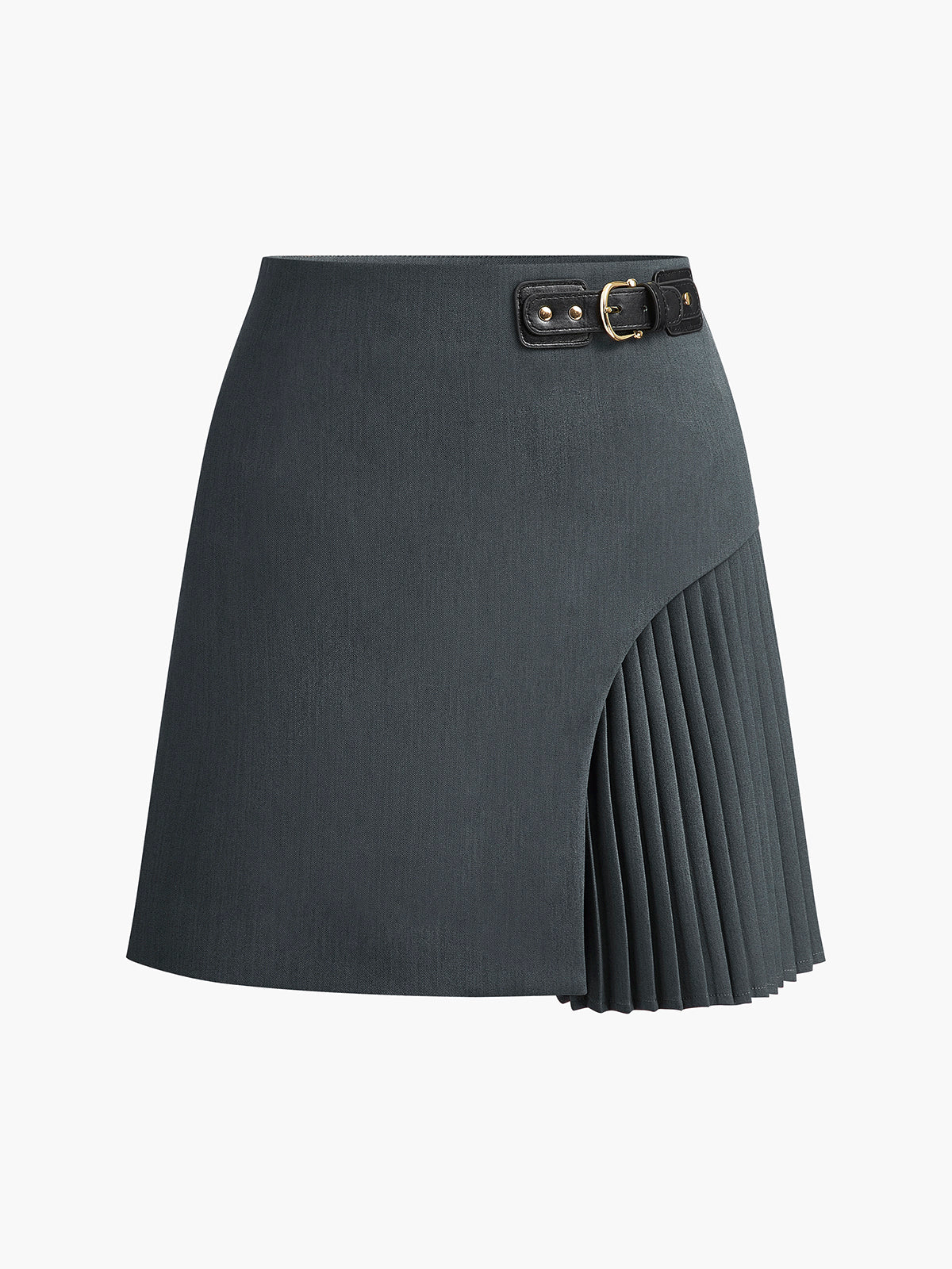 Side Pleated Buckle Belted Skirt
