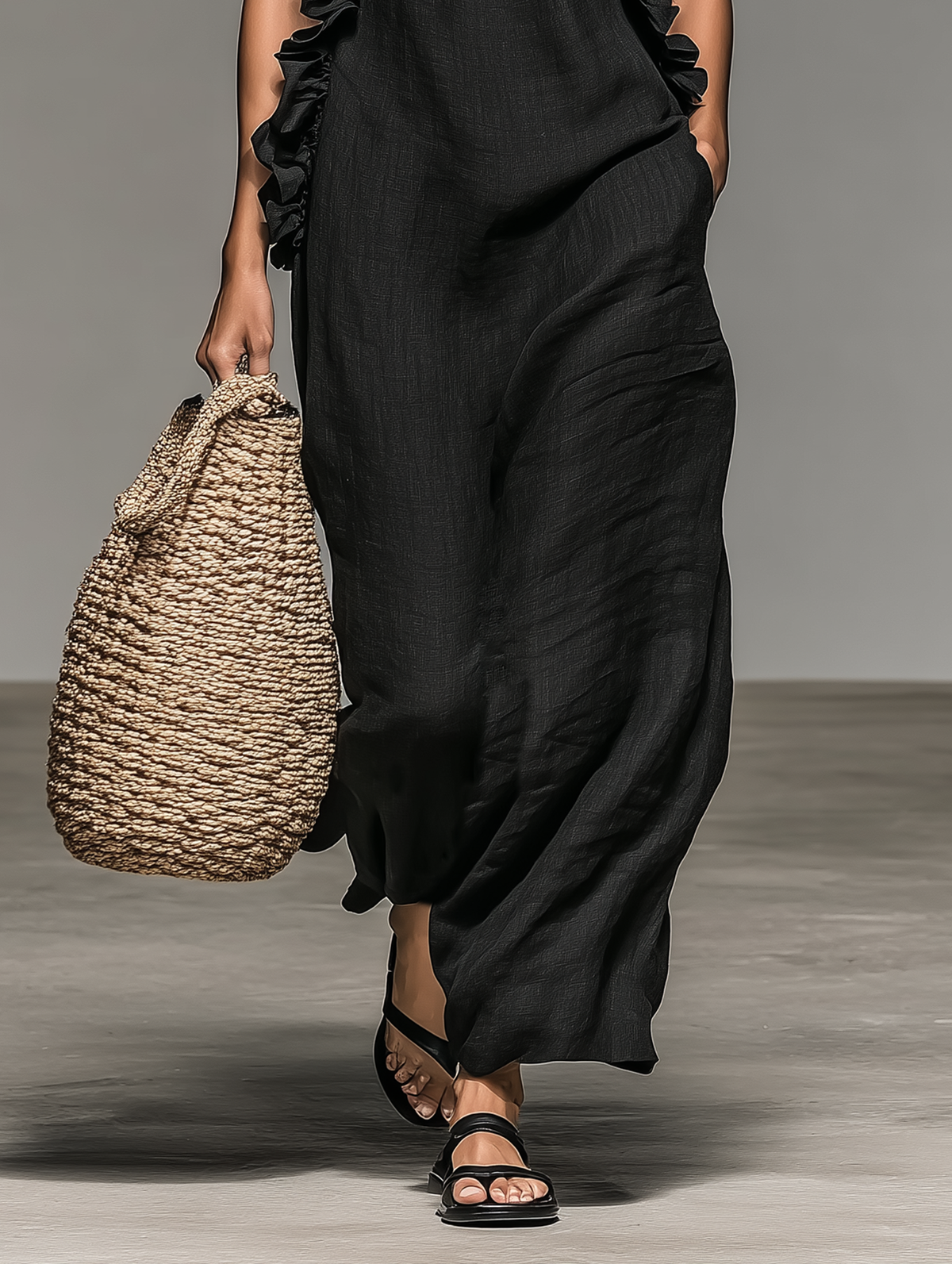 Elara Linen Blend Ruffle Maxi Dress