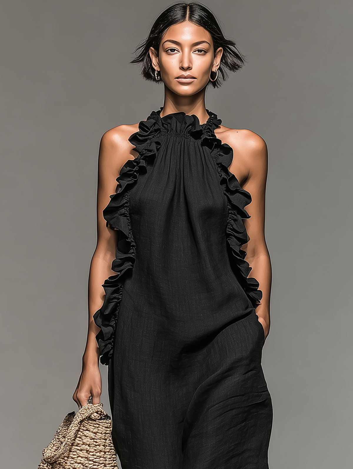 Elara Linen Blend Ruffle Maxi Dress