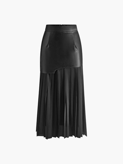 Asymmetric Patchwork Faux Leather Chiffon Pleated Maxi Skirt