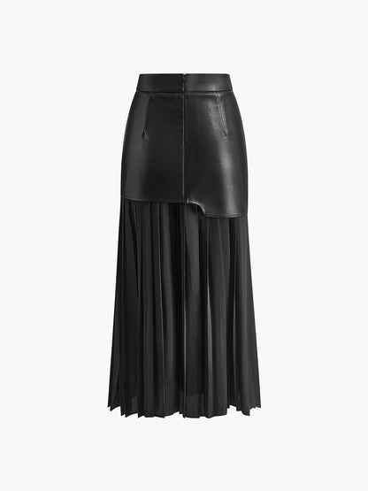 Asymmetric Patchwork Faux Leather Chiffon Pleated Maxi Skirt