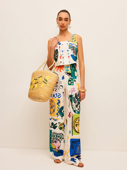 Graphic Print Crop Top With Wide-Leg Pants Set