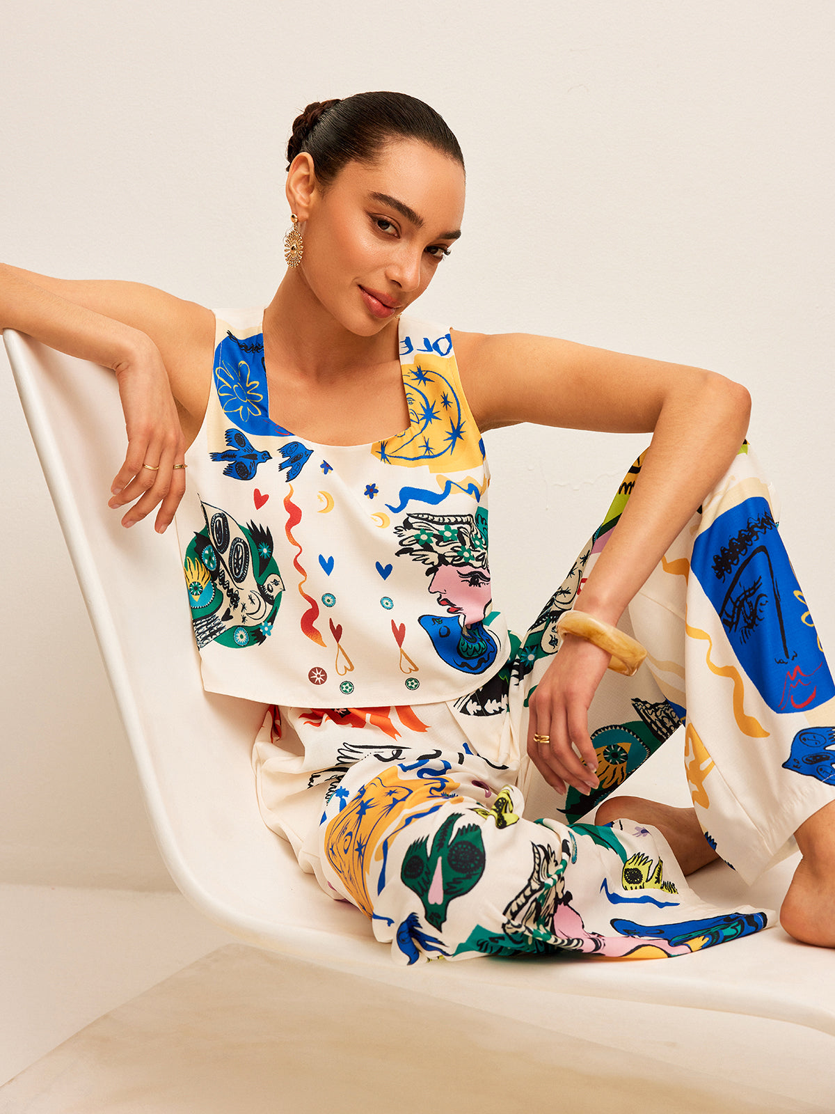 Graphic Print Crop Top With Wide-Leg Pants Set