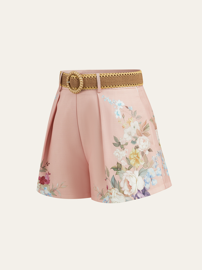 Floral Printed Belted Mid-Waist Shorts