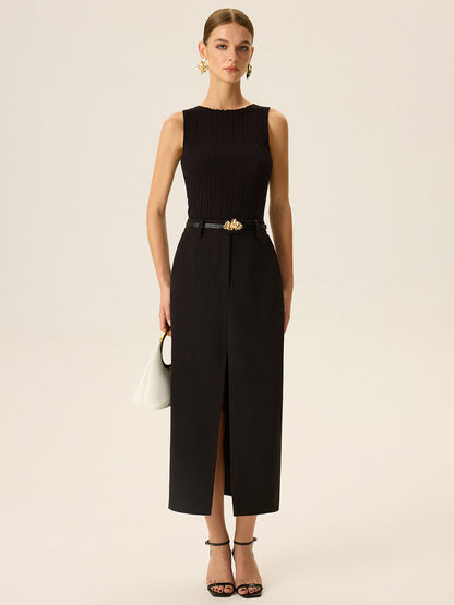 Belted Pocket Slit Midi Skirt