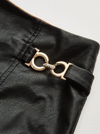 Faux Leather Paneled Suede Effect Asymmetric Midi Skirt