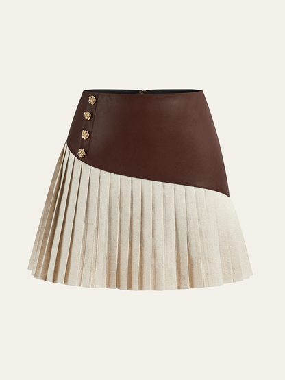 PU Panel Cotton & Linen Pleated Mini Skirt