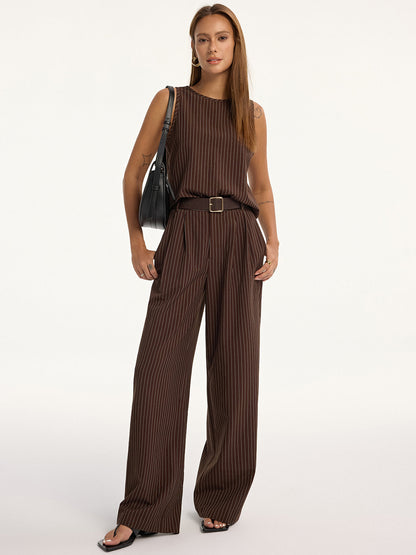 Pinstripe Sleeveless Top and Pants Set with Belt