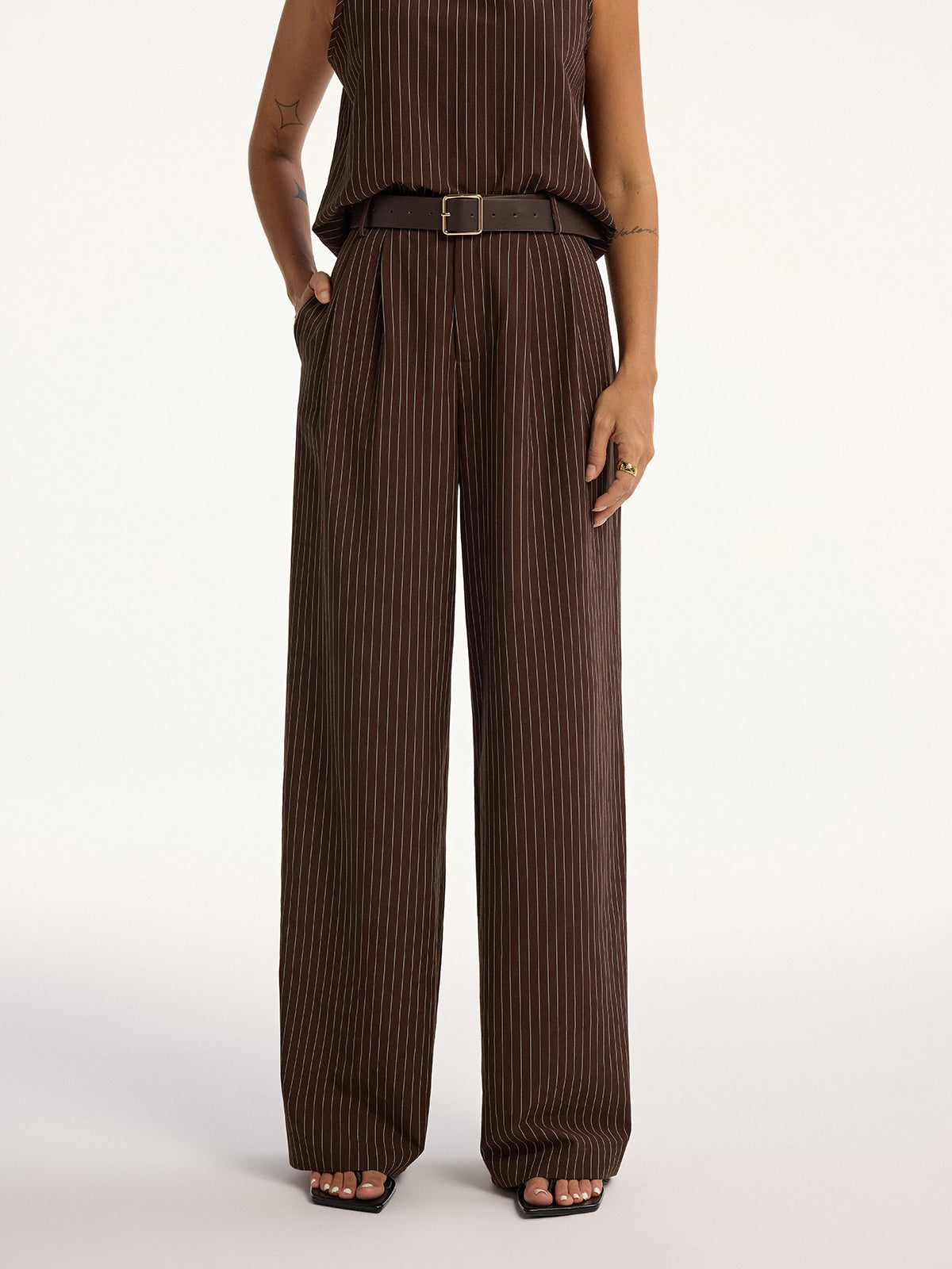 Pinstripe Sleeveless Top and Pants Set with Belt