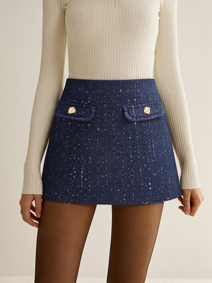 Sequin Tweed Mini Skirt with Decor Pocket