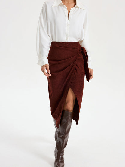 Tie Knot Suede Effect Midi Skirt