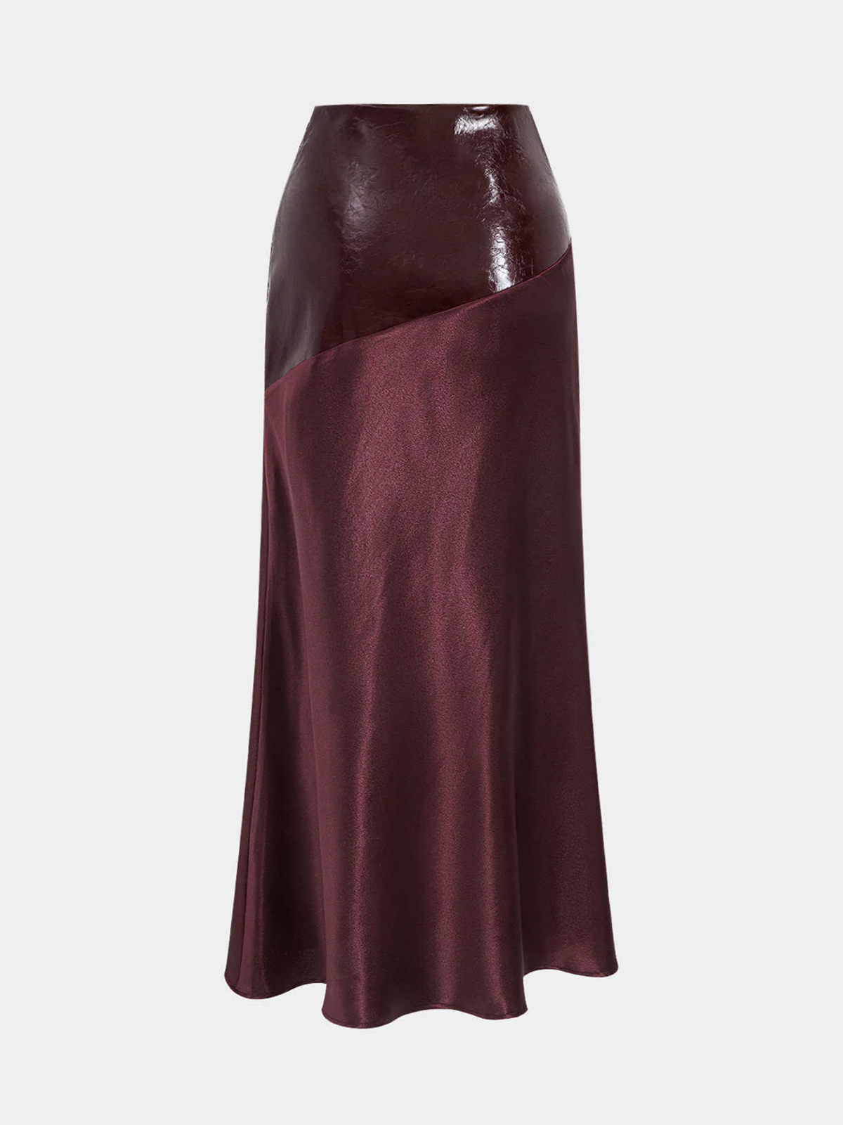 Faux Leather Panel Asymmetric Satin Maxi Skirt