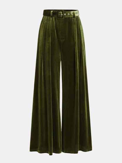 Belted Pleated Velvet Wide-Leg Pants