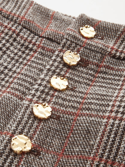 Mid-Waist Plaid Metal Button Pants
