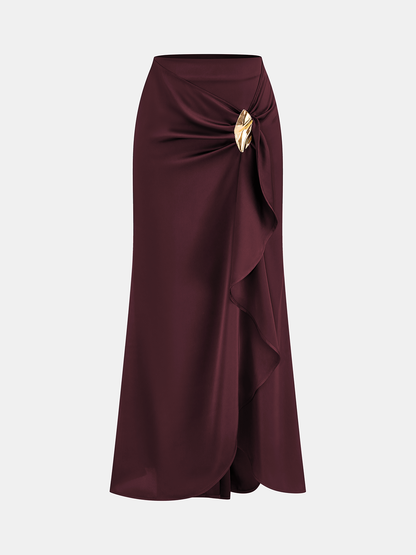 Asymmetric Ruffle Metal Detail Satin Maxi Skirt