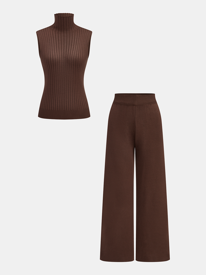 Three-Piece Knit Turtleneck Top Cardigan Pants Set