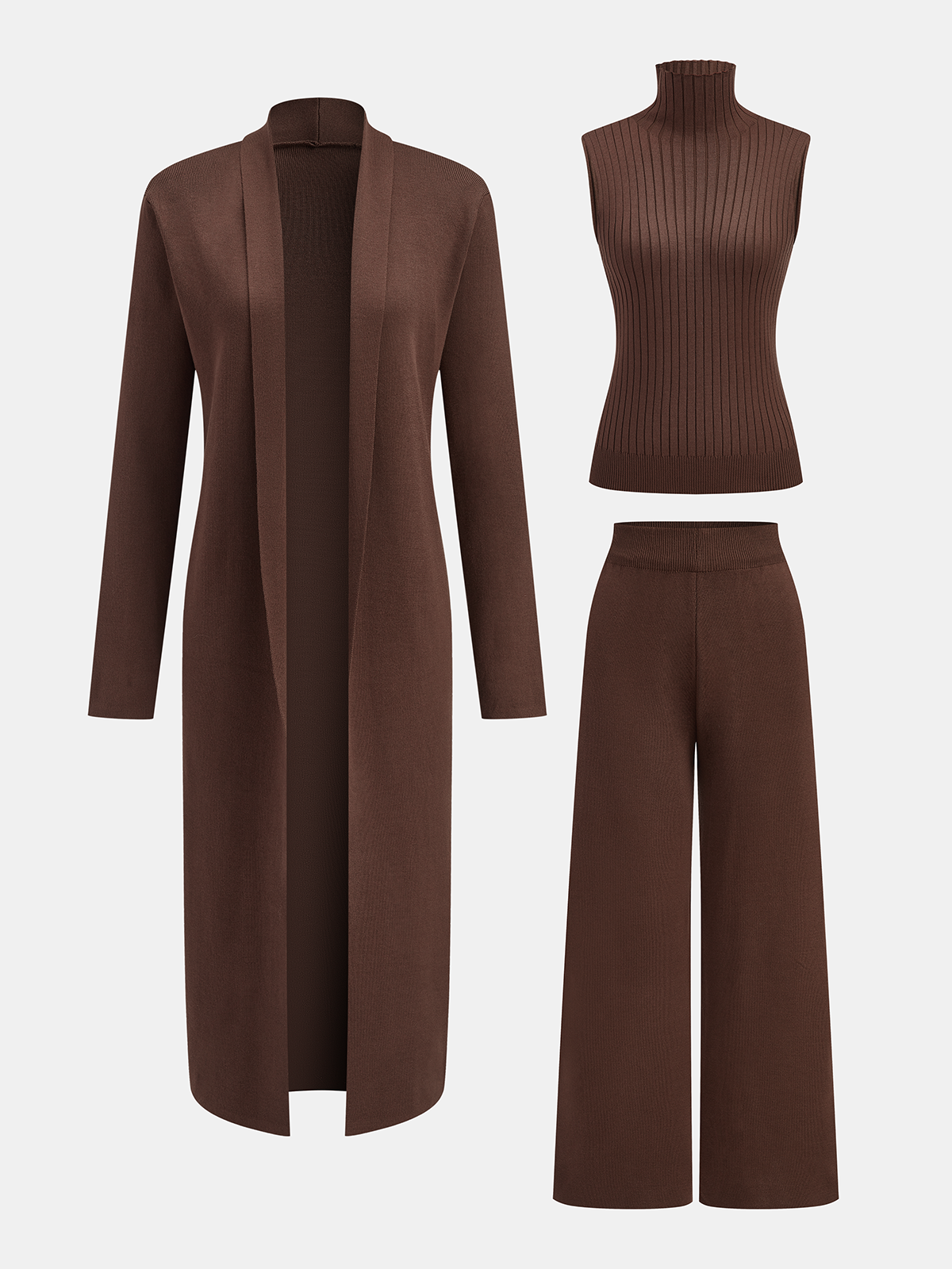Three-Piece Knit Turtleneck Top Cardigan Pants Set