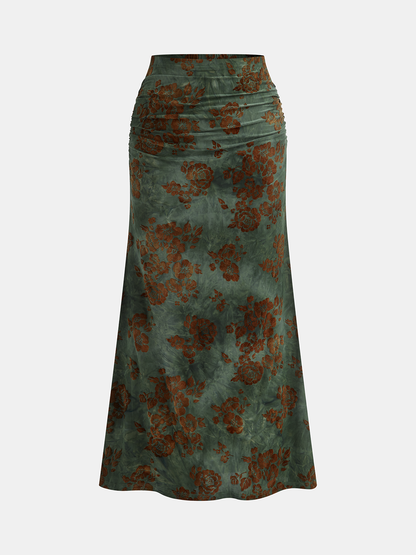 Floral Jacquard Ruched Maxi Skirt