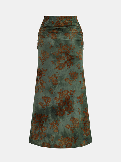 Floral Jacquard Ruched Maxi Skirt