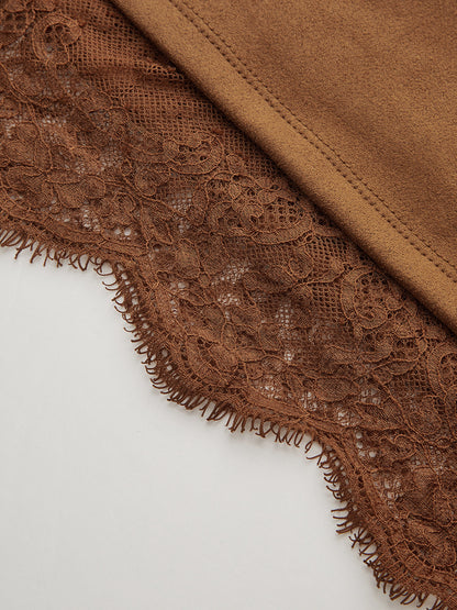 Lace Hem Suede Effect Mini Skirt