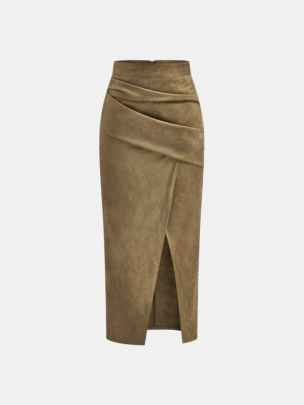 Draped Slit Suede Effect Midi Skirt