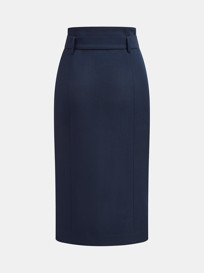 Belted Zip-Front Split Midi Skirt
