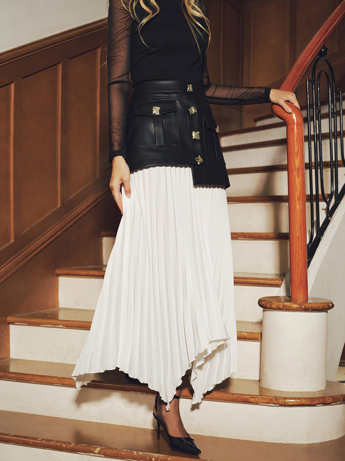 Faux Leather Paneled Asymmetric Pleated Maxi Skirt