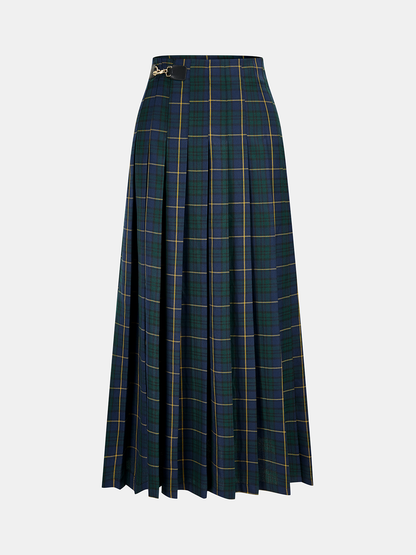 Pleated Plaid Buckle Maxi Skirt
