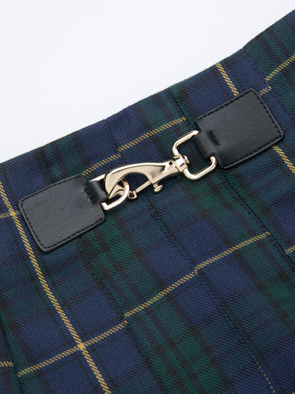 Pleated Plaid Buckle Maxi Skirt