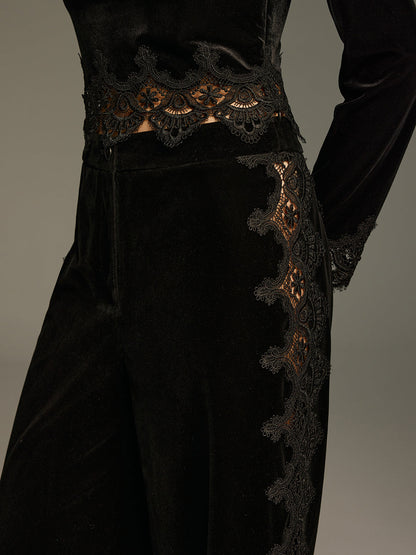 Side Lace Panel Velvet Straight-Leg Pants