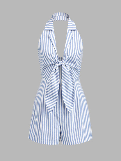 Halter Tie Front Striped Romper