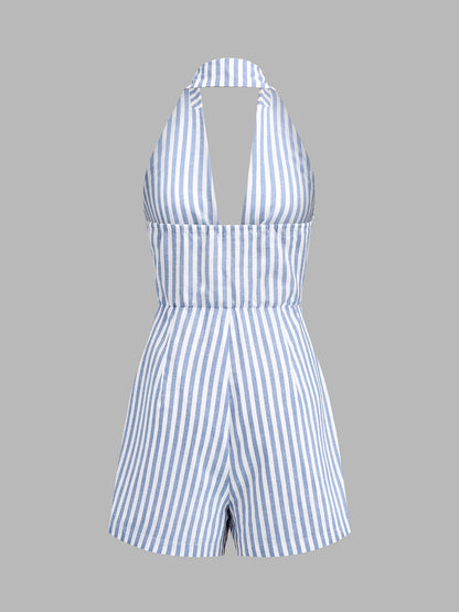 Halter Tie Front Striped Romper