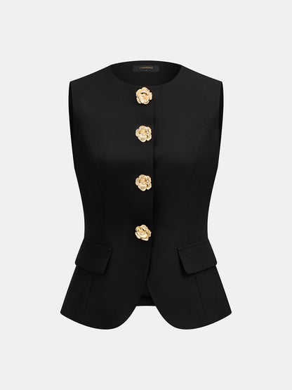 Flower Button Sleeveless Vest & Pants Set