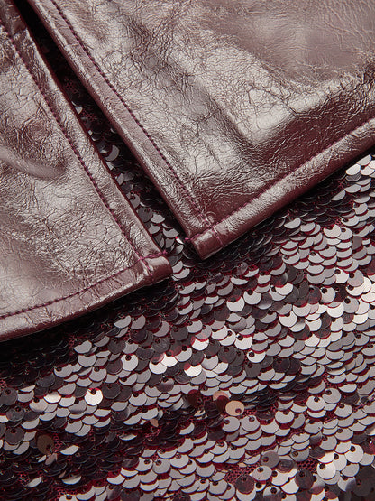 Faux‑Leather Sequin Panel Mini Skirt