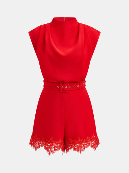 Belted Sleeveless Lace Hem Romper