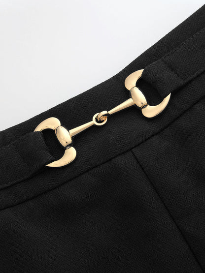 Metal Buckle Mid Waist Straight Leg Pants