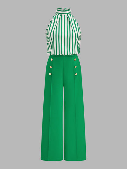 Striped Halter Top & Metal Detail Pants Set