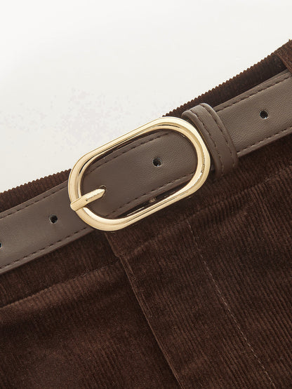 Belted Corduroy Pleated Wide Leg Pants