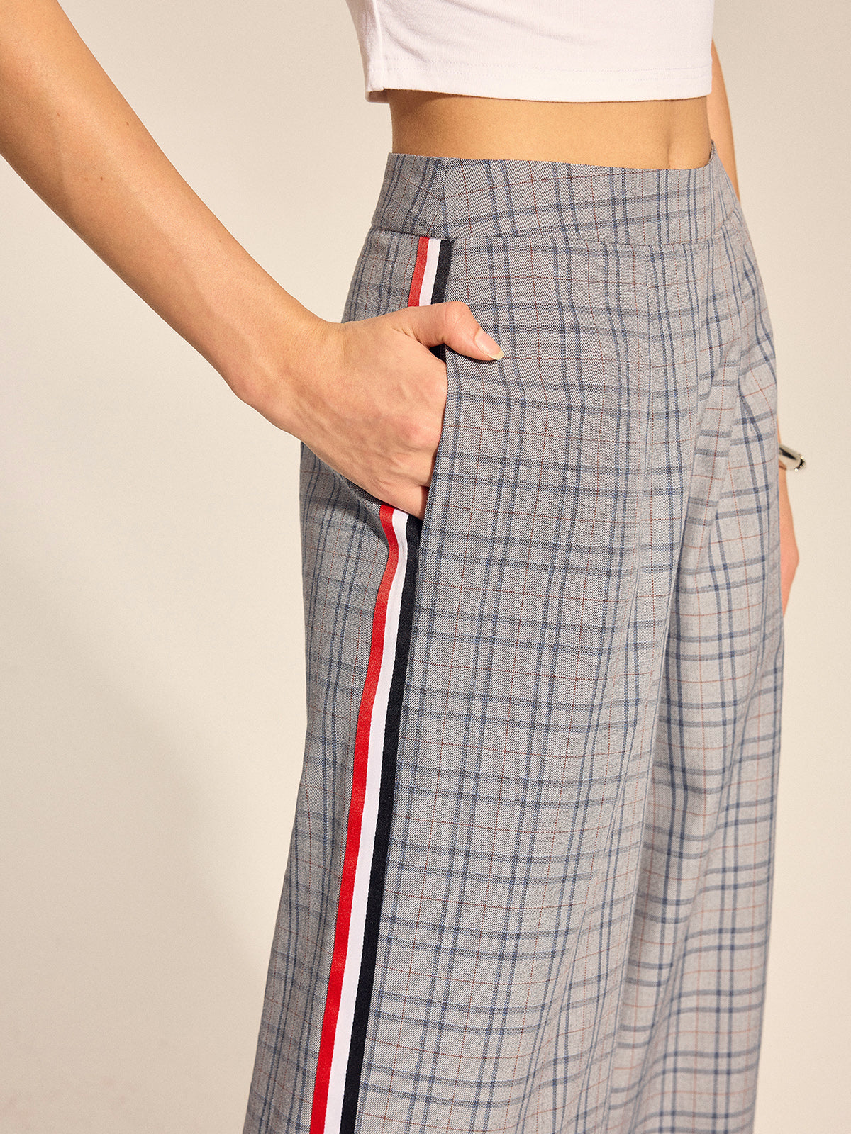 Plaid Side Stripe Straight Leg Pants
