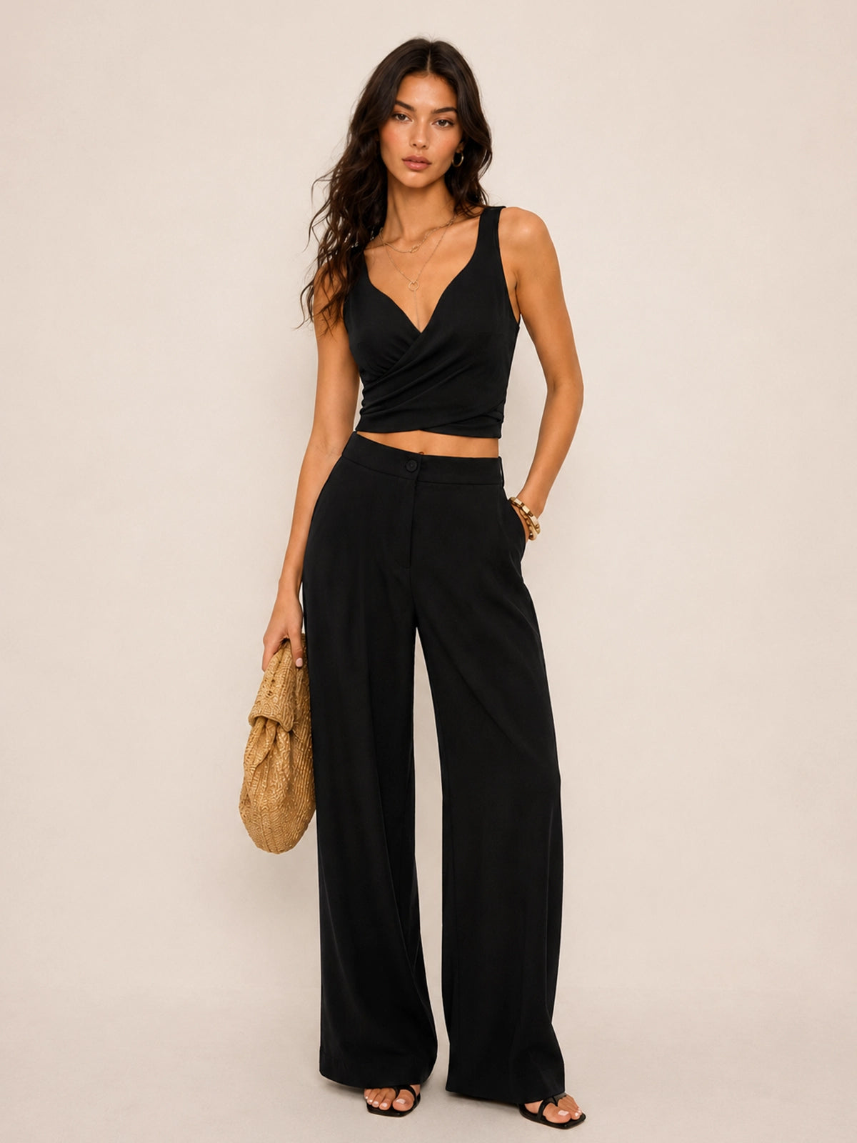 Linen Blend Tie-Back Top & Wide Leg Pants Set