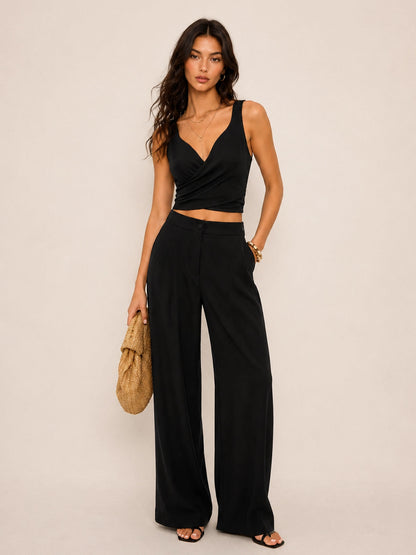 Linen Blend Tie-Back Top & Wide Leg Pants Set