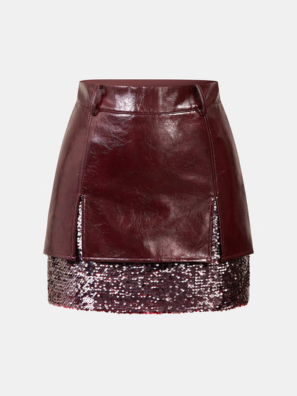 Faux‑Leather Sequin Panel Mini Skirt