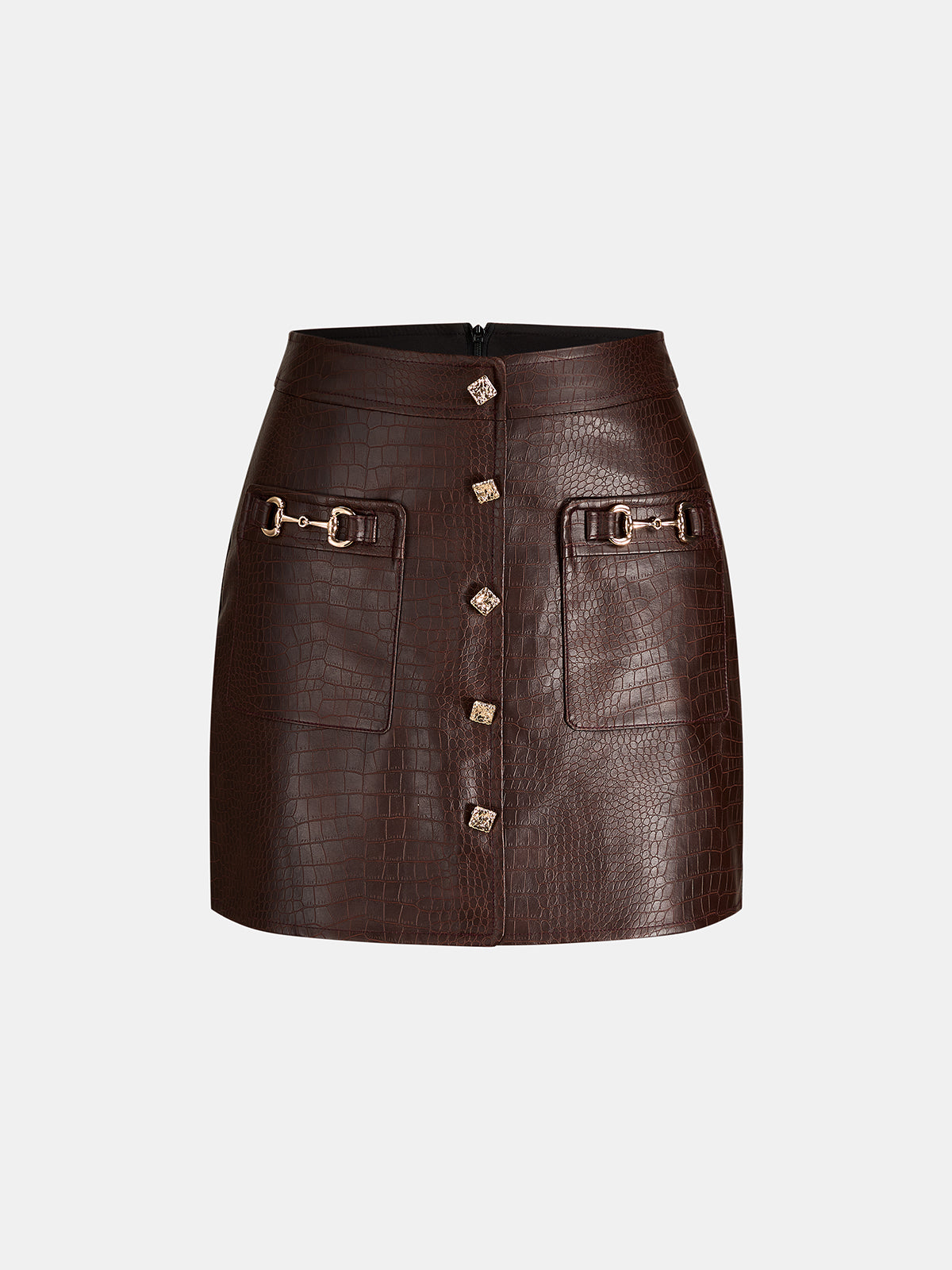Horsebit Detail Croc‑Embossed Faux Leather Mini Skirt