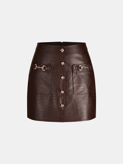 Horsebit Detail Croc‑Embossed Faux Leather Mini Skirt
