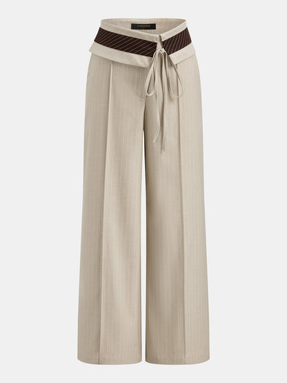 Fold Over Waist Pinstripe Wide Leg Pants