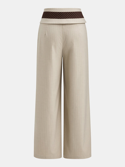 Fold Over Waist Pinstripe Wide Leg Pants