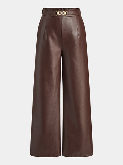 Metal Buckle Faux Leather Straight Leg Pants