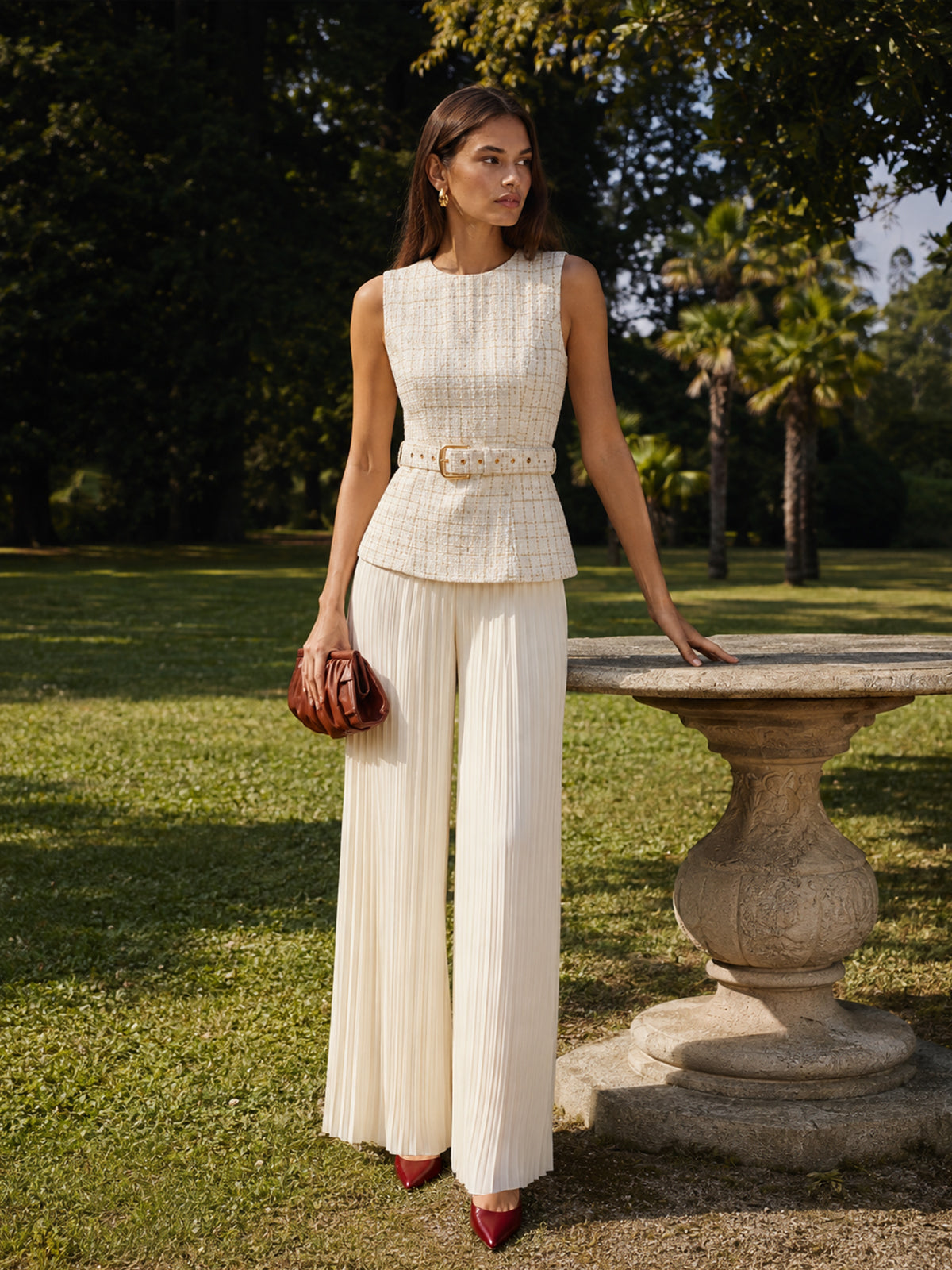 Belted Tweed Vest & Pleated Pants Set
